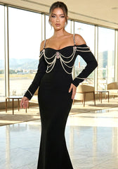 Long Sleeve Bardot Pearl Crystal Maxi Dress Black