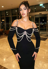 Long Sleeve Bardot Pearl Crystal Maxi Dress Black