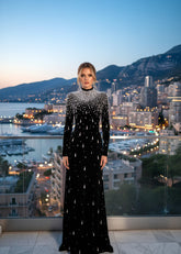 Long Sleeve Pearl Maxi Velvet Dress Black