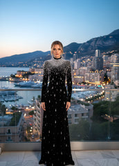 Long Sleeve Pearl Maxi Velvet Dress Black