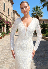 Long Sleeve Pearl Sequin Maxi Dress Ivory