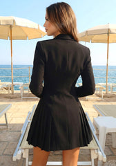 Long Sleeve Pleated A Line Blazer Dress Black