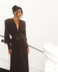 Long Sleeve Plunge V Neck Maxi Dress Brown
