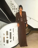 Long Sleeve Plunge V Neck Maxi Dress Brown