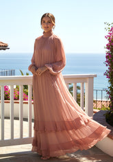 Long Sleeve Ruffle Maxi Dress Coral Pink