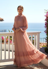 Long Sleeve Ruffle Maxi Dress Coral Pink