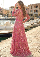 Long Sleeve Sequin A Line Maxi Dress Hot Pink