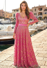 Long Sleeve Sequin A Line Maxi Dress Hot Pink