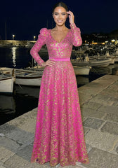 Long Sleeve Sequin A Line Maxi Dress Hot Pink
