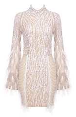 Long Sleeve Feather Sequin Dress White Nude