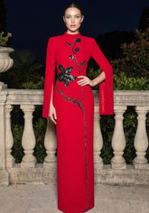 Long Sleeve Sequin Floral Maxi Dress Red