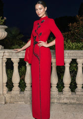 Long Sleeve Sequin Floral Maxi Dress Red