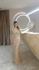 Long Sleeve Sequin Pearl Maxi Dress Nude