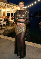 Long Sleeve Sequin Two Piece Maxi Dress Black Gold