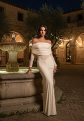 Long Sleeve Draped Bardot Maxi Dress Ivory