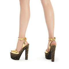 Designer Crystal Stud Strappy Peep Toe Chunky Block Heel Sandals