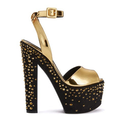 Designer Crystal Stud Strappy Peep Toe Chunky Block Heel Sandals