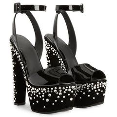 Designer Crystal Stud Strappy Peep Toe Chunky Block Heel Sandals