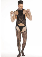 Men's Lace See-through Embroidered Net Stockings with Halter Edge Muscle Sleepwear Back Exposure Full Body Suit