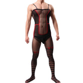 Men's Black Red See-through Onesie with Butterfly Knot Striped Crotch Open Design Tempting Sleepwear