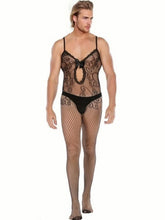 Men's One-Piece Suit with Lace Trim Garter Open-Crotch Costume Invitation Net Stockings Sleepwear