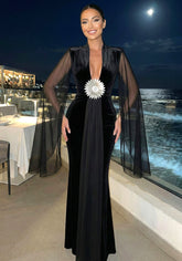 Mesh Sleeves Maxi Velvet Dress Black