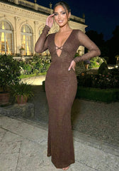 Mesh Long Sleeve Sparkly Maxi Dress Brown