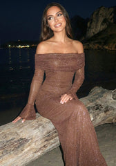 Long Sleeve Sparkly Bardot Maxi Dress Brown