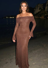Long Sleeve Sparkly Bardot Maxi Dress Brown