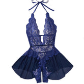 New Erotic Crotchless Lingerie Date Teddies Bodysuit Lace Up Halter Deep V Babydoll Dress Backless Hollow Out Porn Costume
