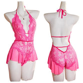 One-piece Backless Crotchless Teddy Bodysuits Lace Transparent Babydolls Nightwear Erotic Costume Deep V Lingerie