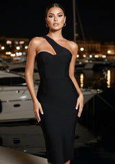 One Shoulder Bustier Midi Dress Black