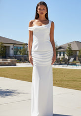 One Shoulder Corset Draped Maxi Dress White