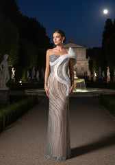 One Shoulder Crystal Bustier Sequin Maxi Dress White Nude