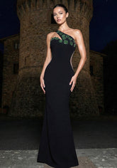 One Shoulder Crystal Flowers Maxi Dress Black Green