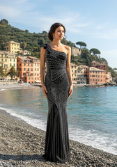One Shoulder Crystal Mermaid Maxi Dress Black