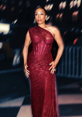 One Shoulder Draped Lace Maxi Dress Burgundy