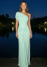 One Shoulder Draped Design Maxi Dress Green