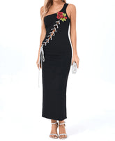 One Shoulder Floral Lace Up Maxi Dress Black