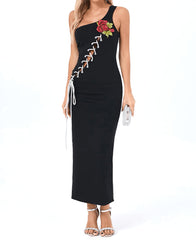 One Shoulder Floral Lace Up Maxi Dress Black