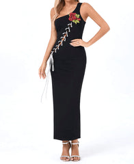 One Shoulder Floral Lace Up Maxi Dress Black