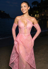 One Shoulder Lace Insert Maxi Dress Hot Pink