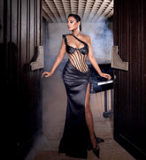 One Shoulder Mesh Insert Maxi Dress Black