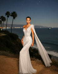 One Shoulder Pearl Sequin Maxi Dress White