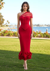Mesh One Shoulder Corset Midi Dress Red