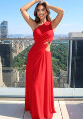 One Shoulder Ruched Cut Out Maxi Dress Red
