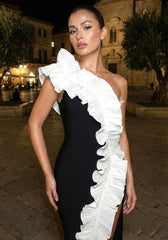 One Shoulder Ruffle Midi Dress Black White