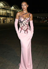 One Shoulder Crystal Corset Maxi Dress Pink