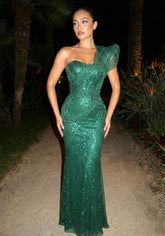One Shoulder Sparkly Maxi Dress Green