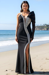 One Sleeve Bardot Crystal Maxi Dress Black